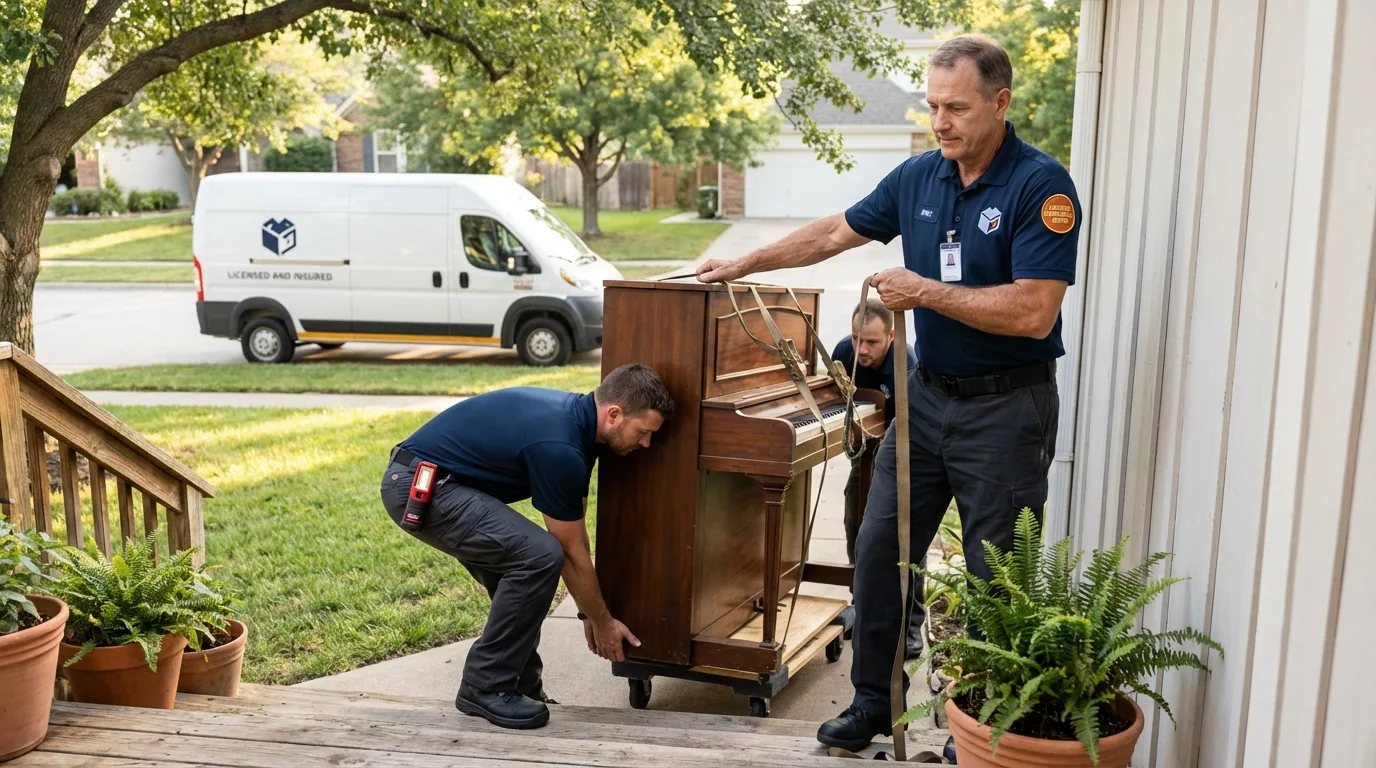 Licensed piano movers securing grand piano in Bladensburg, MD