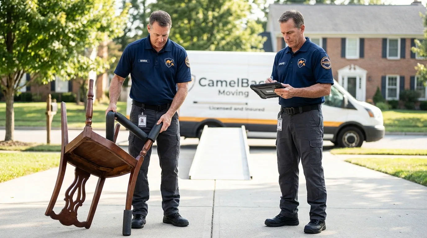 Movers inspecting furniture for damage prevention before loading in Bladensburg, MD