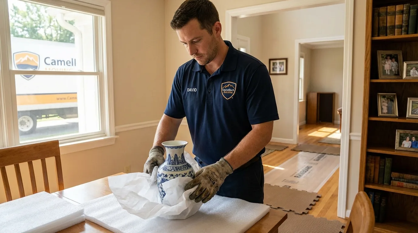 Professional crew carefully wrapping antique vase for senior downsizing move in Bladensburg, MD